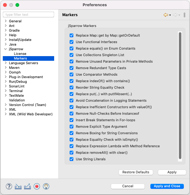 jSparrow Markers Preference Page