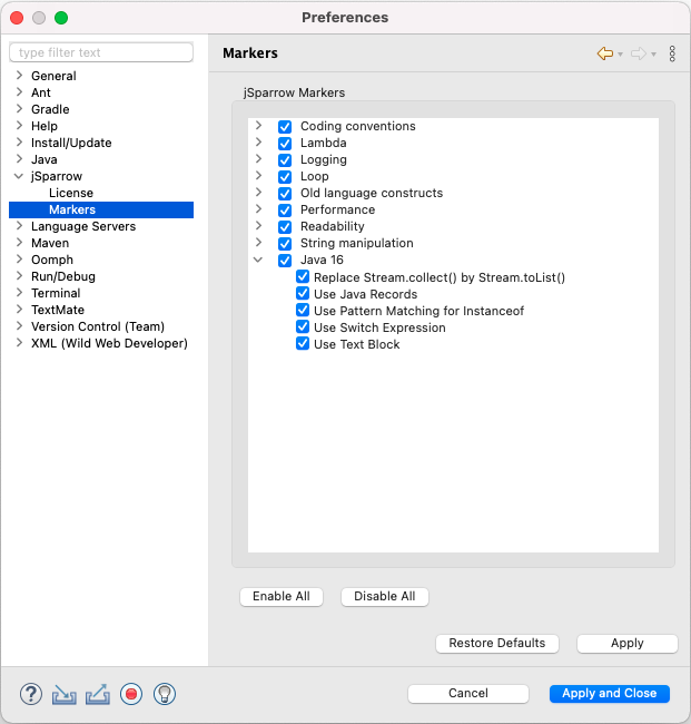 jSparrow Markers Preference Page