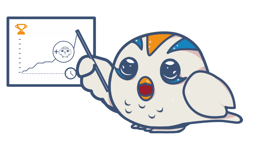 a drawn cute bird pointing at a graph that shows positive results